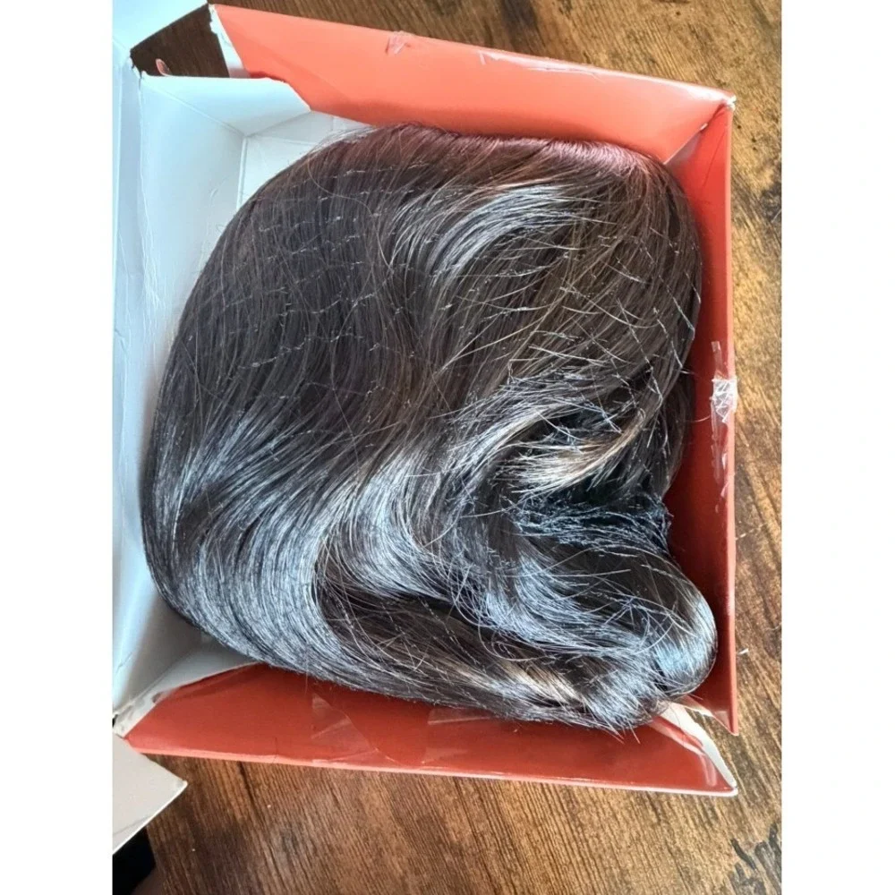 16 Inch Hair Topper Synthetic Curly Wavy Clip-In Wispy Bangs Dark Brown Chestnut